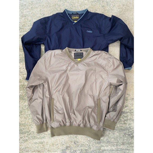 SET (2) Cabelas V-neck Pullover Men's Medium Blue Tan Windbreaker Golf Outdoor - Picture 1 of 14